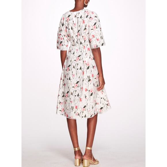 Marchesa Notte Womens Aster Printed Cotton Poplin Dress Puff Sleeve Ivory Pink 8 - Picture 2 of 12